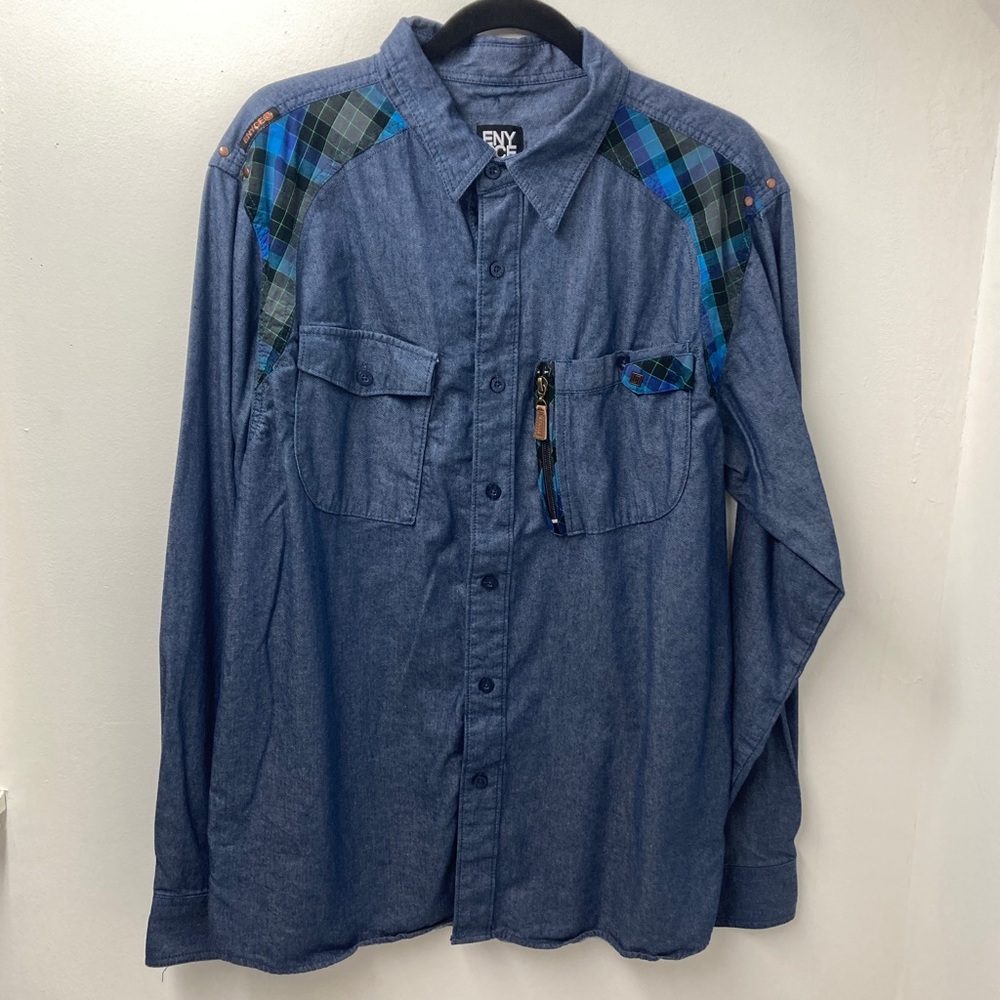 Enyce Chambray Mens Western Button Up  Blue Plaid Print Casual Shirt Mens Size L